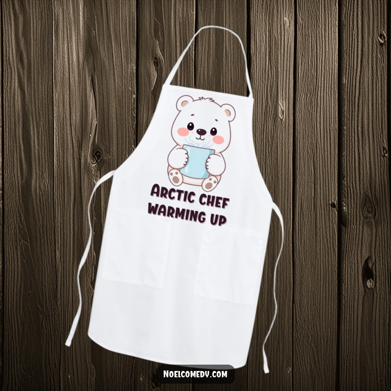 Funny apron featuring a smiling polar bear character holding a steaming mug, perfect for adding cheer to cooking.