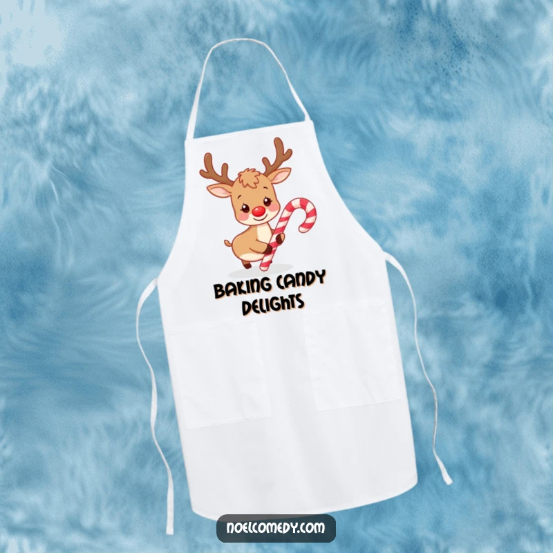 Funny apron design displaying a playful reindeer gently nudging a candy cane, ideal for holiday baking and kitchen cheer.