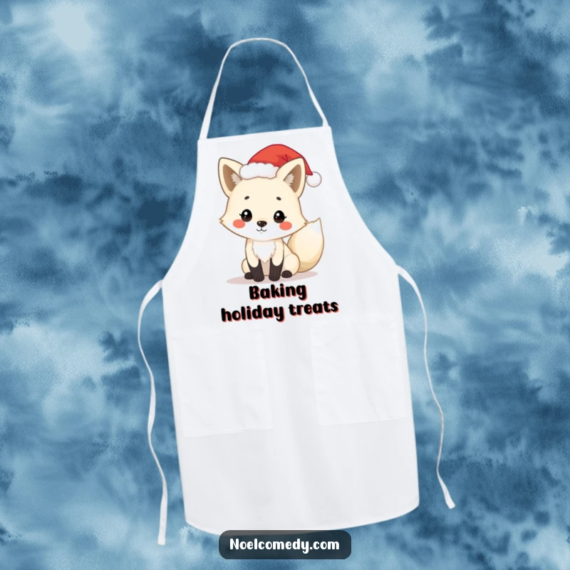 Funny arctic fox apron featuring a playful fox wearing a tiny Santa hat, perfect for adding festive cheer to kitchen tasks.