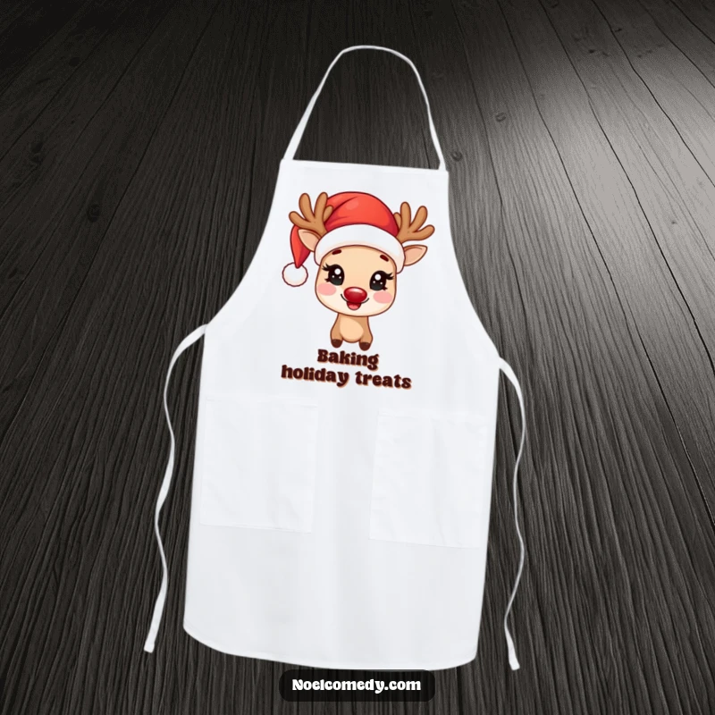 Funny Apron featuring a joyful reindeer wearing a Santa hat with twinkling eyes, perfect for Christmas baking.