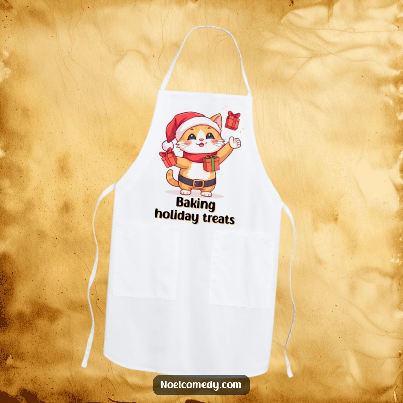 Funny cheerful Santa cat juggling tiny wrapped gift boxes, worn on a festive kitchen apron.