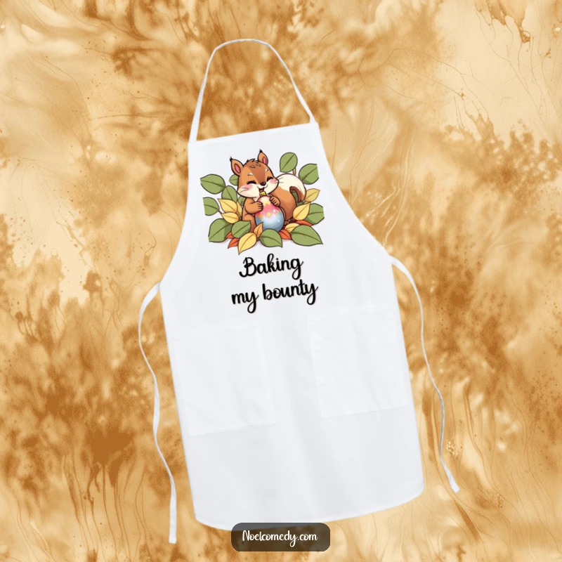 Funny Apron featuring a giggling squirrel hiding a shiny ornament in leaves, perfect for holiday baking.