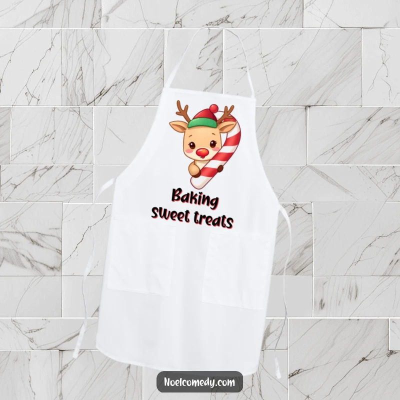 Funny cute reindeer with a glowing red nose, peeking from around a giant candy cane, worn on a festive kitchen apron.