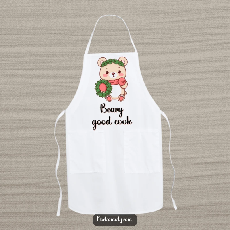 Funny apron featuring a cheerful bear in mittens holding a festive wreath. Ideal for holiday cooks.
