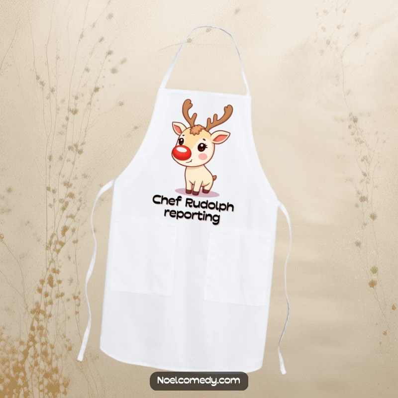 Funny Apron: A cute reindeer with a glowing red nose, ready for holiday cooking and bringing festive humor.