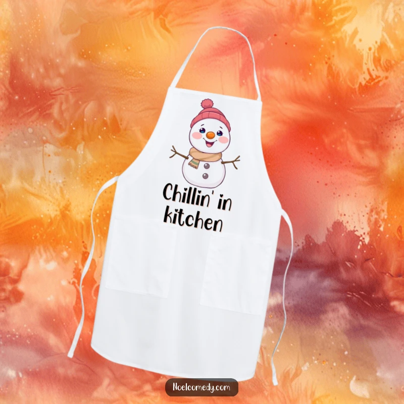 Funny snowman apron showing a happy character with a carrot nose, ideal for adding winter cheer to cooking and baking.
