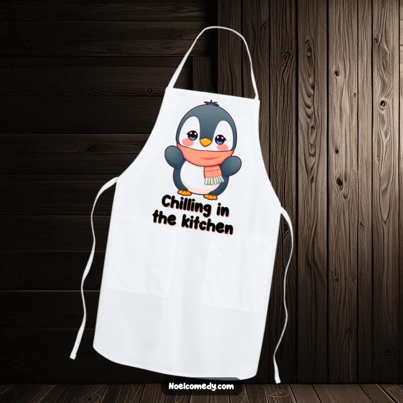 Funny apron showcasing a penguin in winter attire, complete with scarf and mittens, ready for kitchen fun.