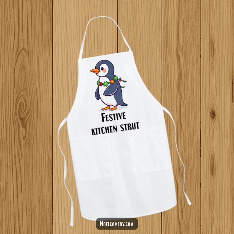 Funny Penguin Apron: A strutting penguin with a garland tail, adding humorous holiday spirit to your kitchen attire.