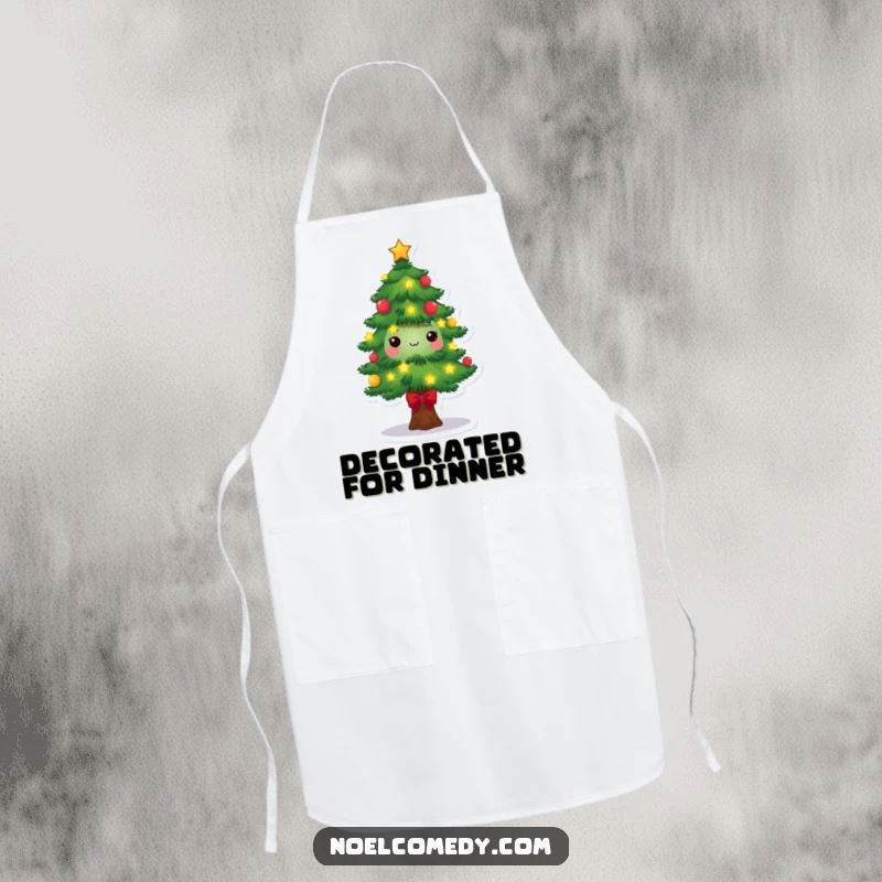 Festive Pine Tree Apron: A smiling pine tree character decorated with lights and stars, perfect for holiday cooking and baking.