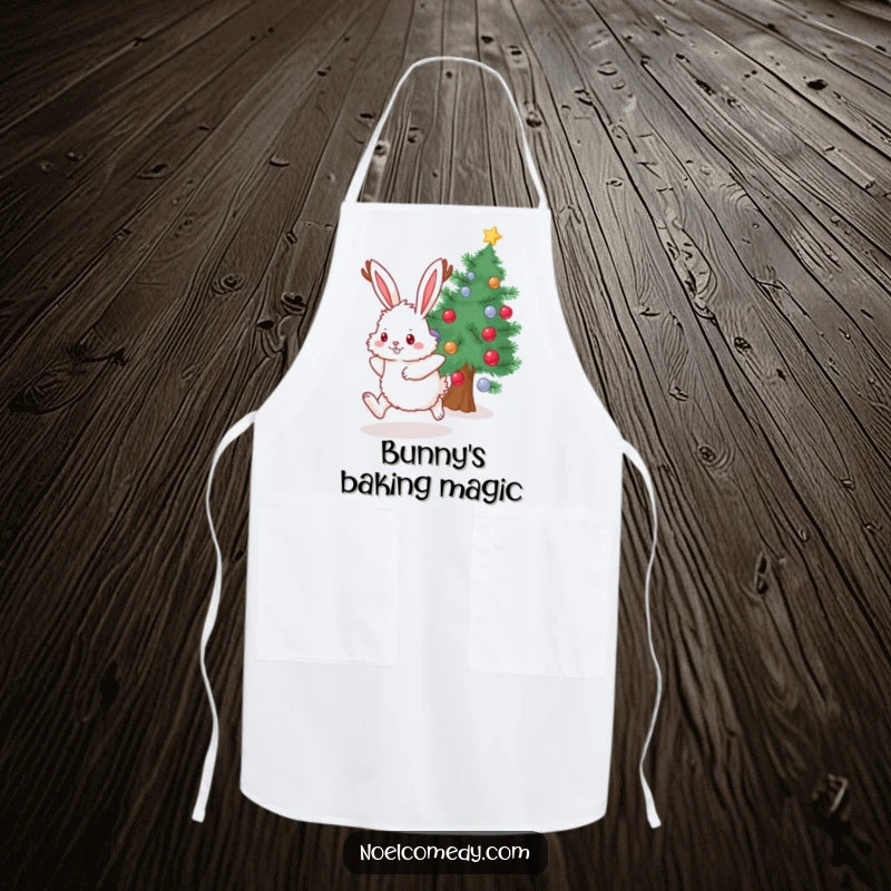 Funny Apron featuring a fluffy bunny with antlers hopping near a decorated evergreen, perfect for holiday cooking.