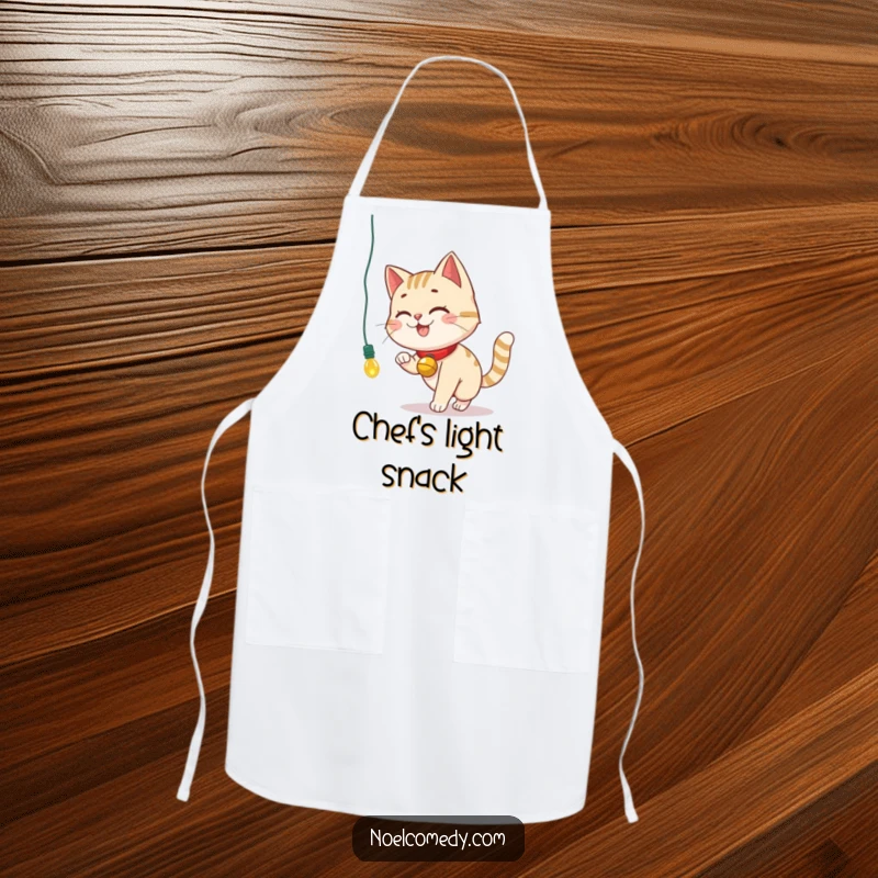 Funny Apron featuring a smiling cat with a bell collar chasing a dangling Christmas light, perfect for holiday baking.