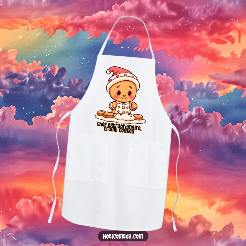 Funny apron with a tiny gingerbread man character wearing a silly hat, busy baking cookies, bringing baking fun indoors.