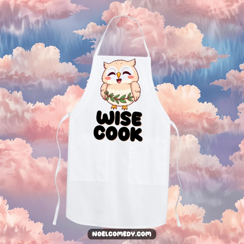 Funny apron featuring a joyful owl with a wreath around its neck, hooting merrily, ideal for whimsical kitchen activities.
