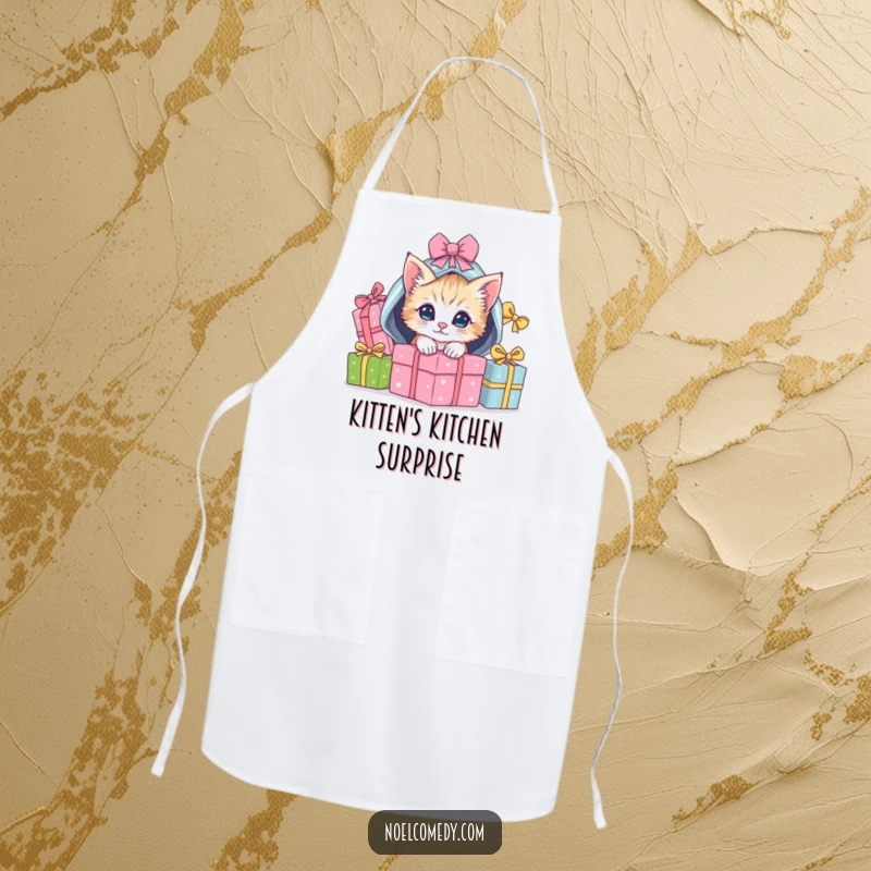 Funny Apron featuring a playful kitten peeking from under wrapped Christmas gifts, perfect for holiday baking.