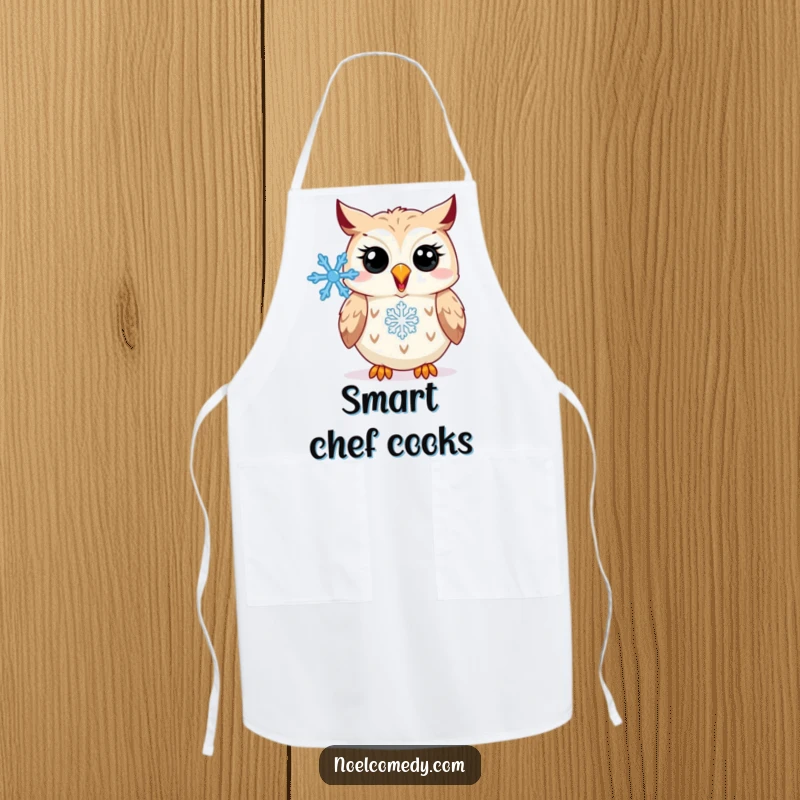 Funny Apron: A happy owl hooting with a snowflake, ready for kitchen fun and bringing winter humor.