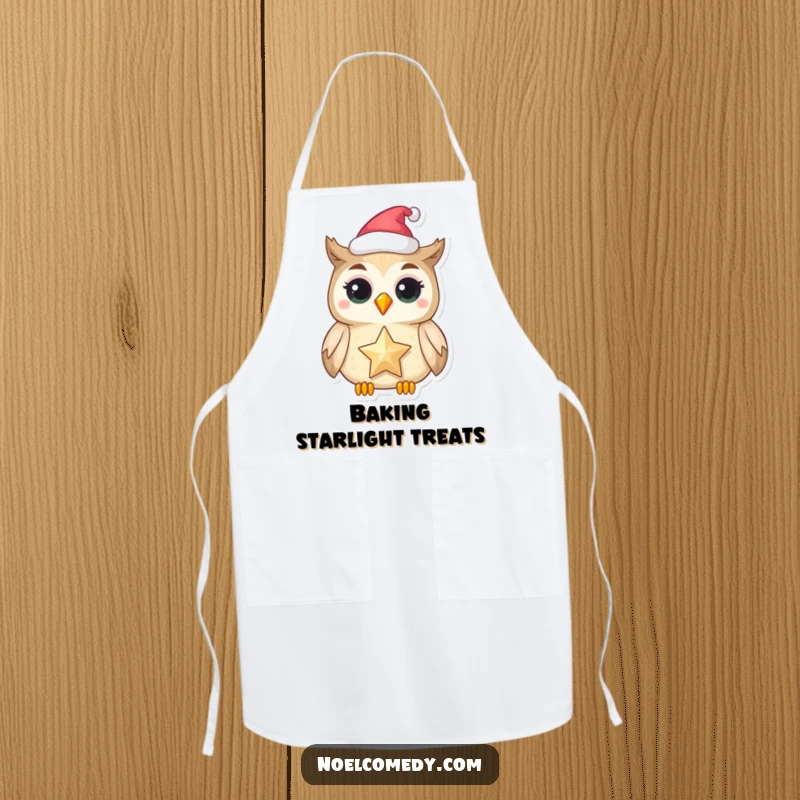 Funny apron with a delighted owl in a festive hat holding a shimmering star, for chefs.