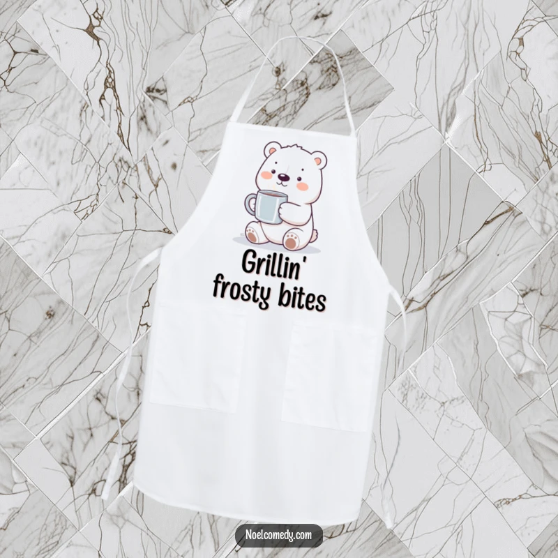 Funny polar bear apron featuring a smiling bear holding a steaming mug, perfect for adding cheer to kitchen tasks.
