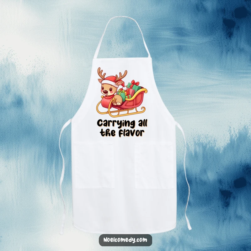 Funny apron featuring a small reindeer in a Santa hat pulling a sleigh overflowing with presents, ideal for holiday baking.