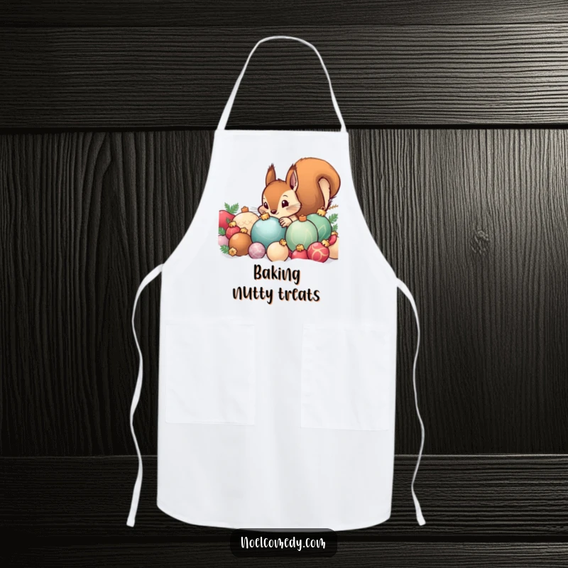 Funny apron showcasing a curious squirrel peeking from behind a pile of holiday ornaments, adding a whimsical touch to kitchen duties.