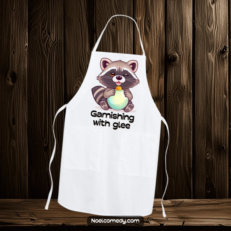 Funny apron showing a winking raccoon holding a shiny Christmas ornament, ideal for festive kitchen activities.