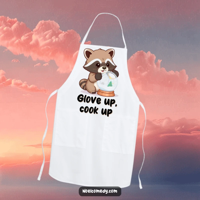 Funny apron with a raccoon in mittens shaking a snow globe, ideal for winter activities.