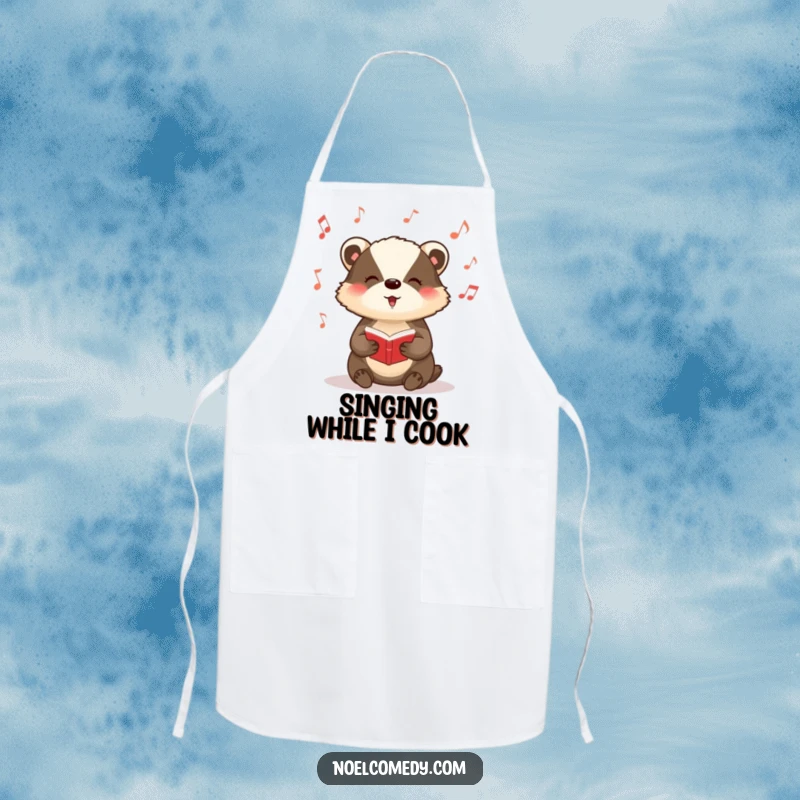 Funny apron with a badger singing carols and musical notes, ideal for holiday cooking.