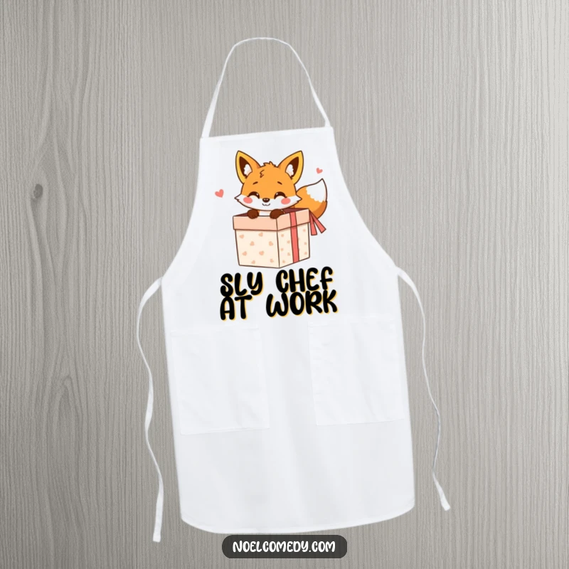 Funny Apron: A cheerful fox peeking from a gift box, ready for kitchen fun and bringing whimsical humor.