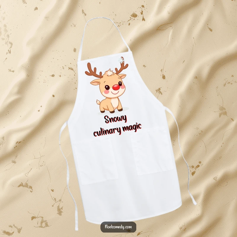 Funny Apron: A smiling reindeer with a bright red nose, ready to catch festive ingredients, adding culinary holiday humor.