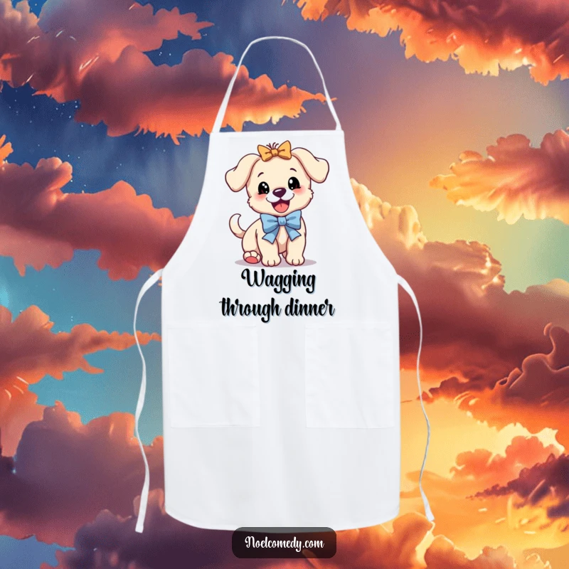Funny apron with a bouncing puppy wearing a festive bow and wagging its tail furiously, ideal for home cooks.