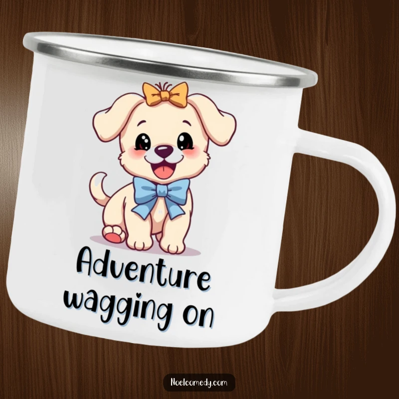Funny camping mug with a bouncing puppy wearing a festive bow and wagging its tail, perfect for outdoor fun.