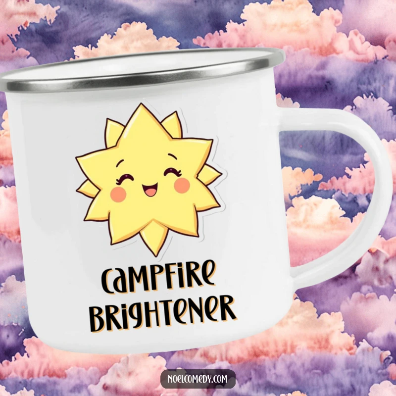 Funny camping mug featuring a joyful star character, perfect for enjoying drinks under the night sky.