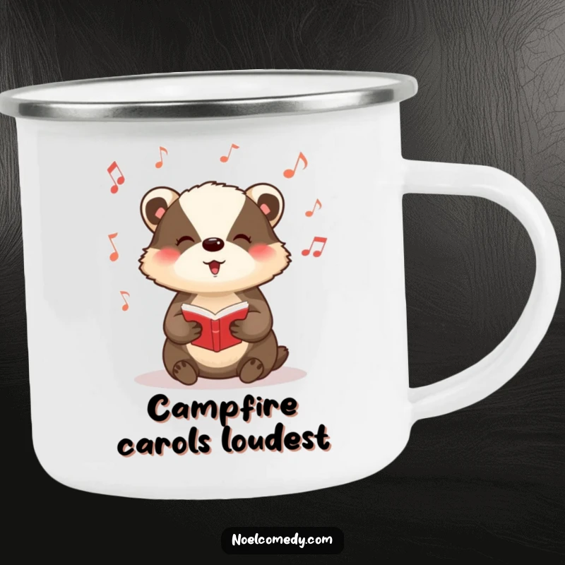 Funny camping mug with a badger singing carols and musical notes, for outdoor music lovers.