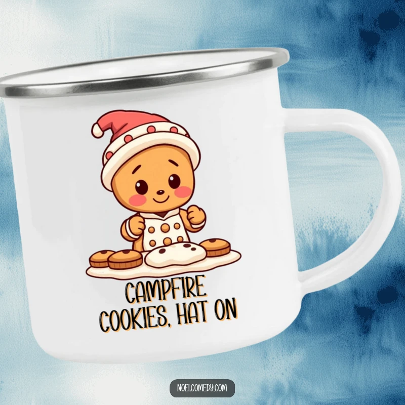 Funny camping mug featuring a tiny gingerbread man character wearing a silly hat, baking cookies, ready for sweet adventures.