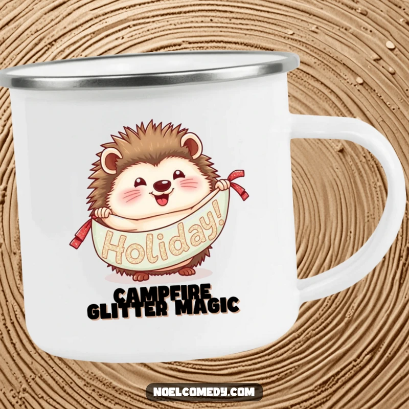 Funny Hedgehog Camping Mug: A hedgehog unrolling a glittery banner, perfect for adding holiday cheer to outdoor excursions.