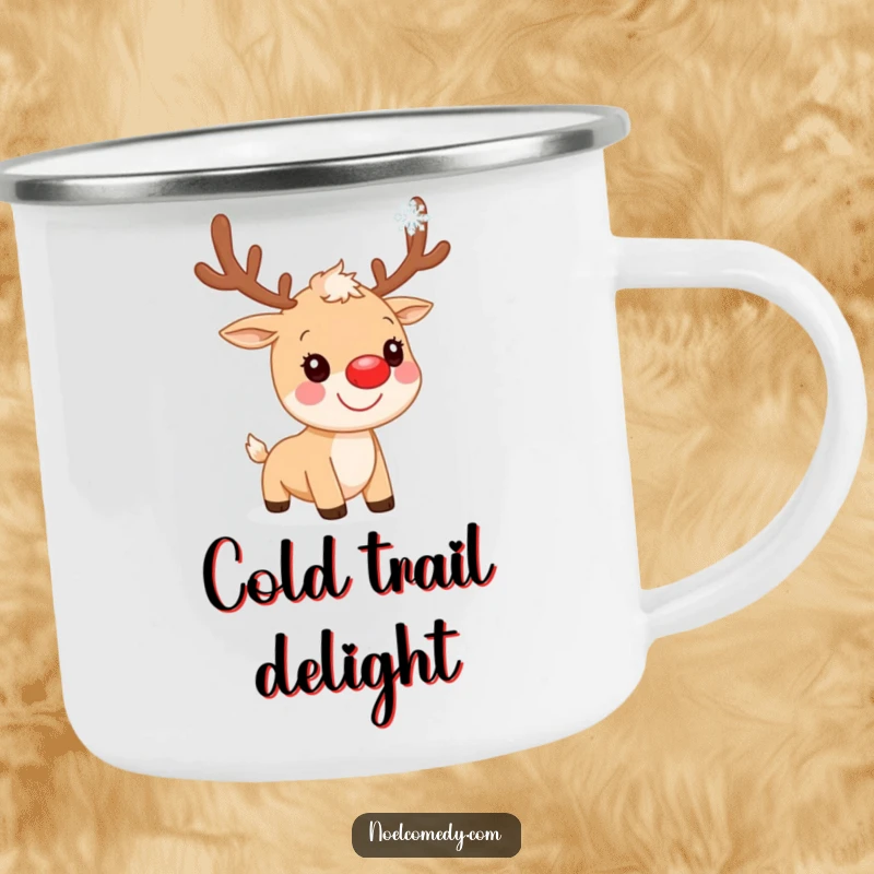 Funny Camping Mug: A smiling reindeer with a red nose catching a snowflake, designed for outdoor holiday enthusiasts.