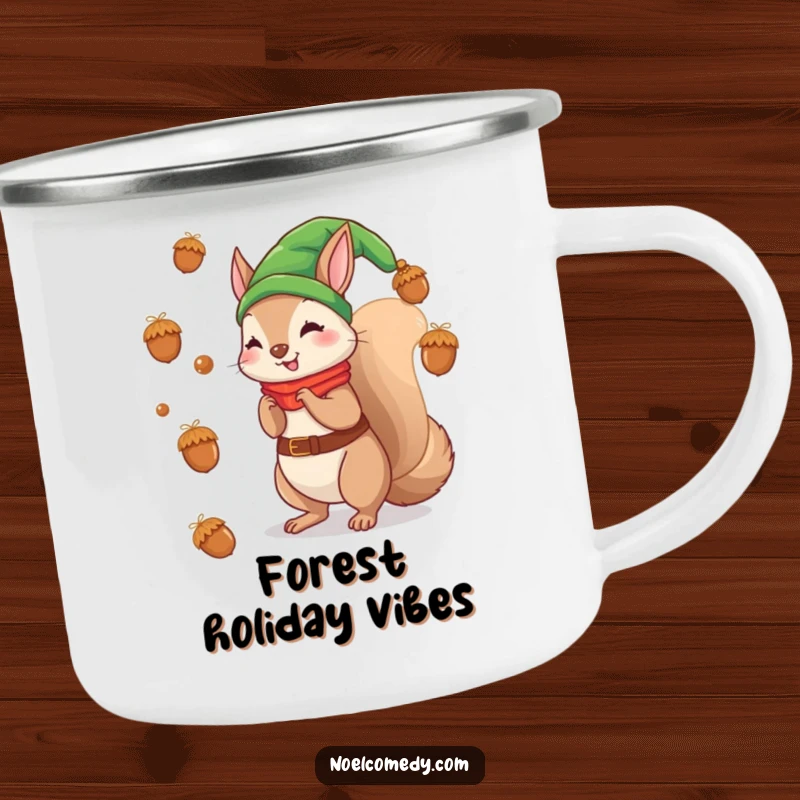 Funny camping mug with a squirrel elf tossing acorns like ornaments, for festive outdoor drinks.