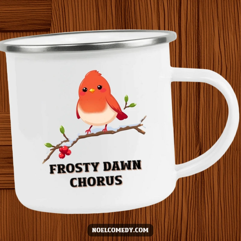 Funny red robin camping mug featuring a cheerful bird on a snowy branch, perfect for enjoying drinks in nature.