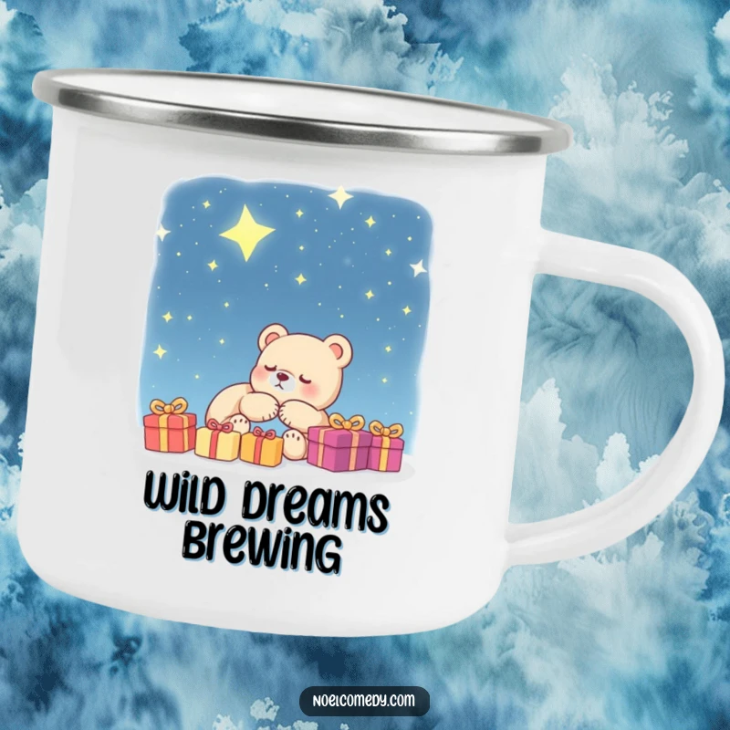 Funny Camping Mug: A bear cub dreams of presents under a starry sky, perfect for enjoying beverages during outdoor adventures humorously.