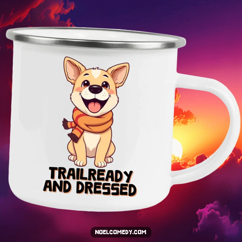Funny Camping Mug: An excited dog wearing a festive scarf, perfect for enjoying drinks on the go with festive charm.