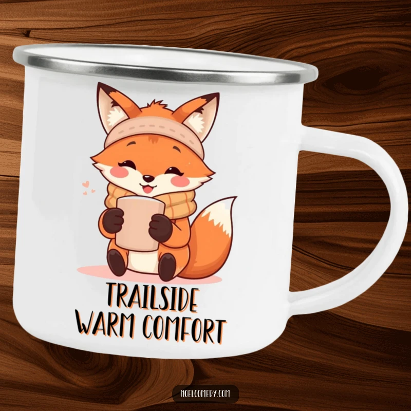 Funny Camping Mug: A happy fox wearing a scarf, holding a steaming mug, designed for lovers of nature and cozy drinks.