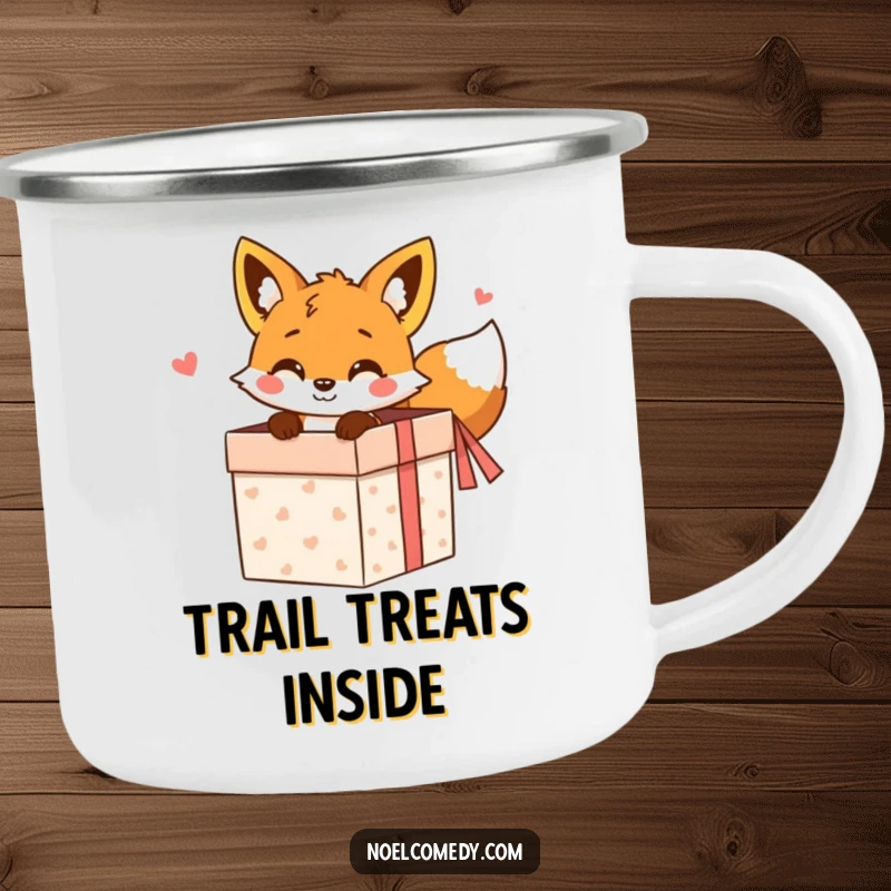 Funny Camping Mug: A cheerful fox peeking from a gift box, ready for outdoor adventures and whimsical humor.