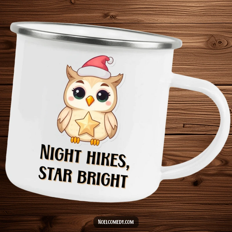 Funny camping mug with a festive owl holding a shimmering star, for magical outdoor drinks.