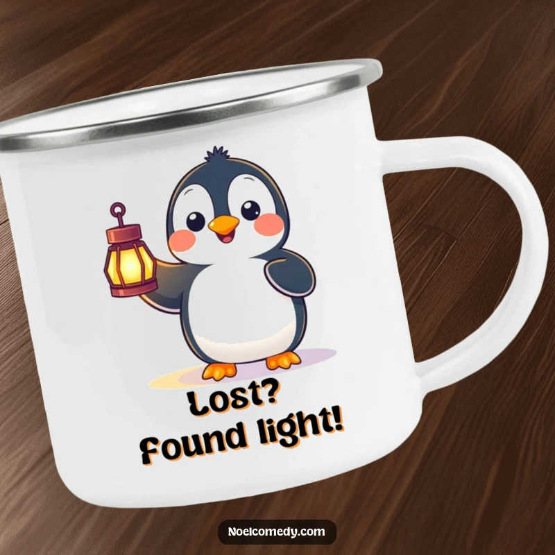Funny camping mug art of a surprised penguin holding a luminous lantern, perfect for nighttime camping or early morning brews.