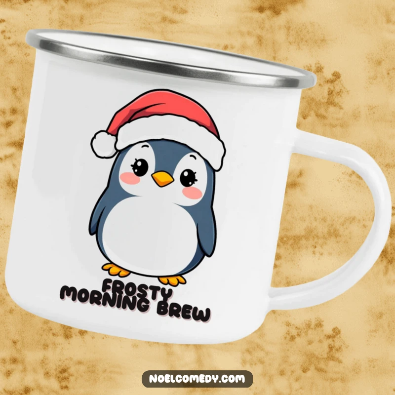 Funny Camping Mug: A smiling penguin in a Santa hat, bringing festive cheer and humor to outdoor drinks.