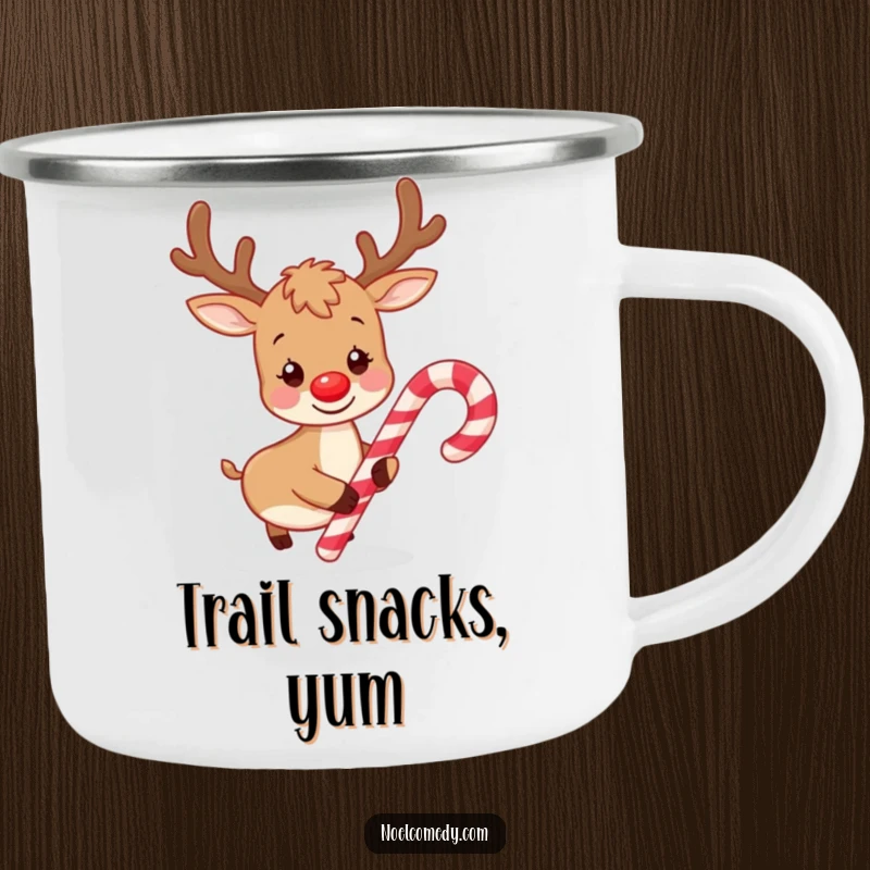 Funny camping mug illustration of a playful reindeer nudging a candy cane, ideal for festive outdoor enjoyment.