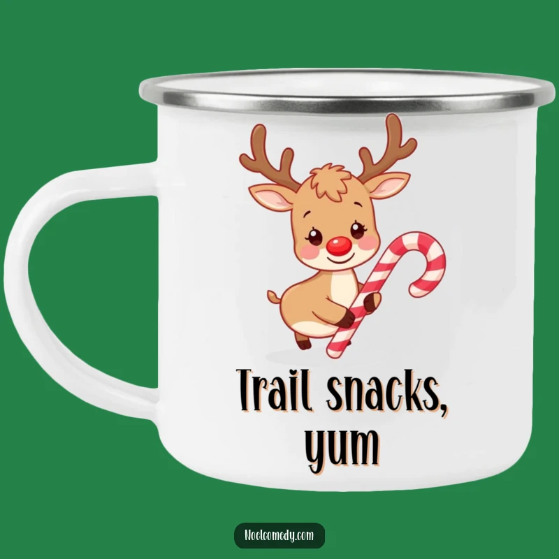 Funny Playful Reindeer Candy Cane Camping Mug: Festive Sips for Outdoor Fun