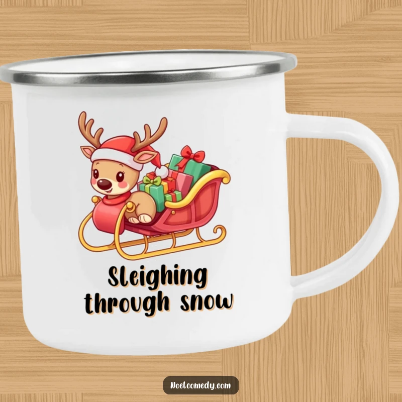 Funny camping mug featuring a small reindeer in a Santa hat pulling a sleigh overflowing with presents, ideal for holiday camping.