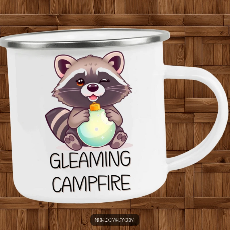 Funny camping mug showing a winking raccoon holding a shiny Christmas ornament, ideal for rustic holiday enjoyment.