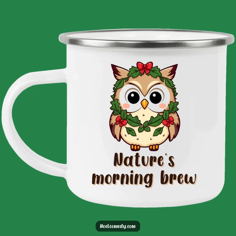 Durable Funny Owl Camping Mug: Curious Character in Festive Wreath, Outdoor Holiday Spirit
