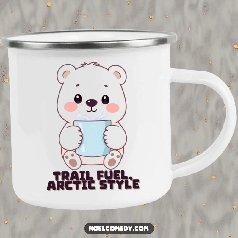 Funny camping mug featuring a smiling polar bear holding a steaming mug, designed for outdoor adventures and cheer.